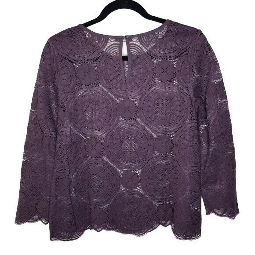 Ann Taylor Sheer Laced Long Sleeve Top Round Neck Key Hole Button XS Plum #4224